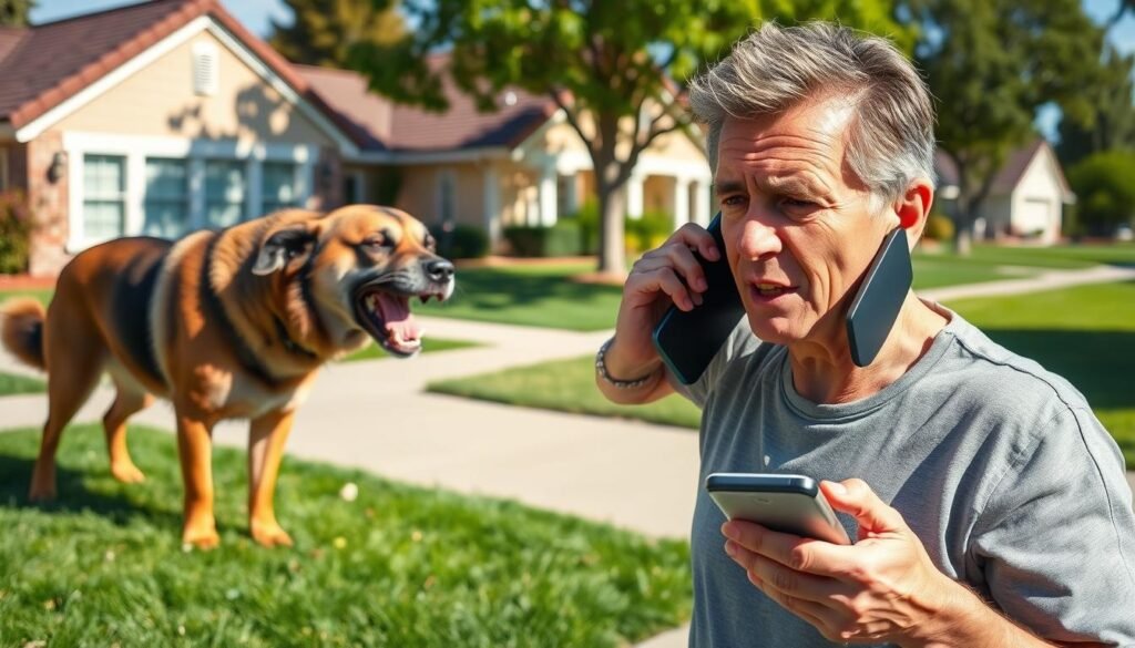 A concerned resident reporting a dangerous dog to local authorities in California. The foreground shows a person on a smartphone, gesturing urgently as they make a call. The middle ground depicts a snarling, aggressive-looking canine, its hackles raised. The background features a suburban neighborhood with well-manicured lawns and houses. The lighting is bright and natural, casting long shadows. The scene conveys a sense of unease and the need for immediate action to address a potentially hazardous situation involving a vicious dog.
