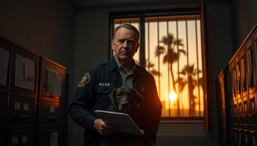 A dimly lit government office, the walls lined with filing cabinets and legal documents. In the foreground, a stern-faced animal control officer, clipboard in hand, stands before a caged dog, its eyes filled with fear. Through the window, the silhouettes of towering palm trees and the setting sun cast an ominous glow. The air is thick with the weight of the "vicious dog" determination, the officer's expression conveying the gravity of the situation. Subdued lighting, a shallow depth of field, and a somber color palette evoke the sense of a high-stakes legal proceeding unfolding.